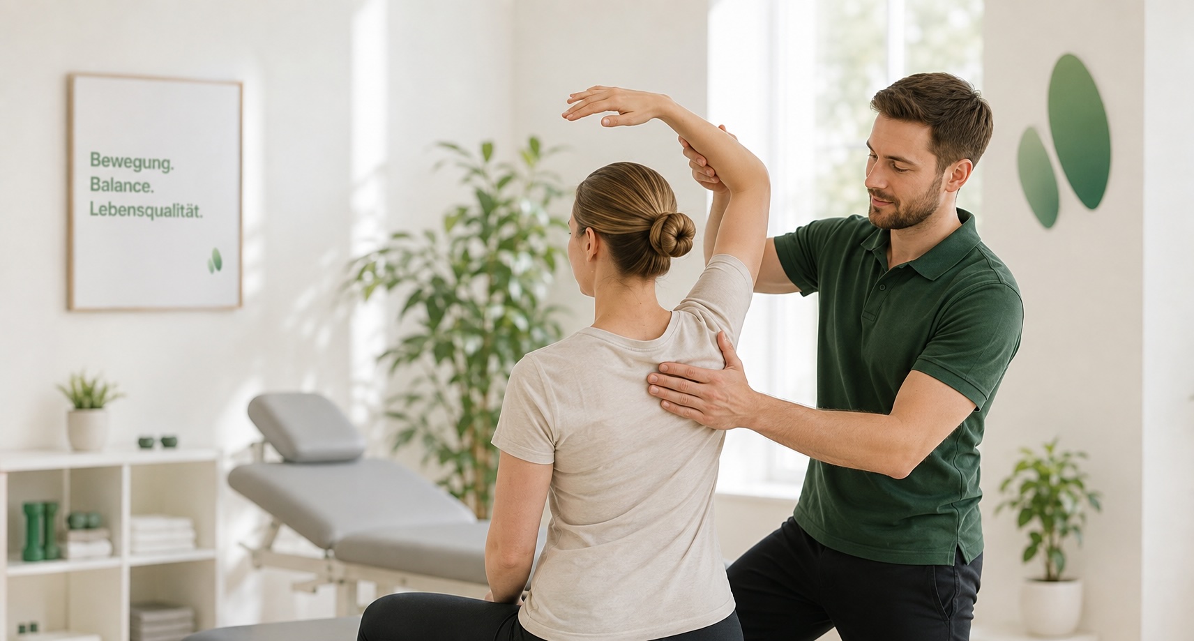 Physiotherapeut unterstützt eine Patientin bei einer Schulterübung